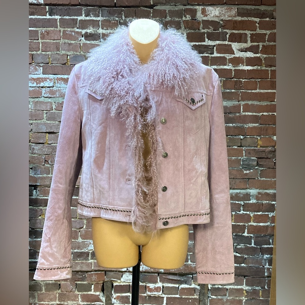 Bebe Lavender Leather Jacket with Sheep’s Fir Collar & Trim